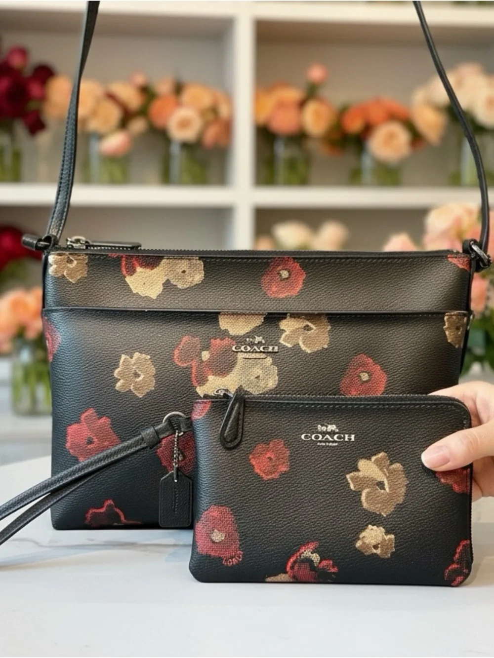 COACH Vintage Cherry Blossom Floral Pop E/W Crossbody Bag w/ Matching Wristlet